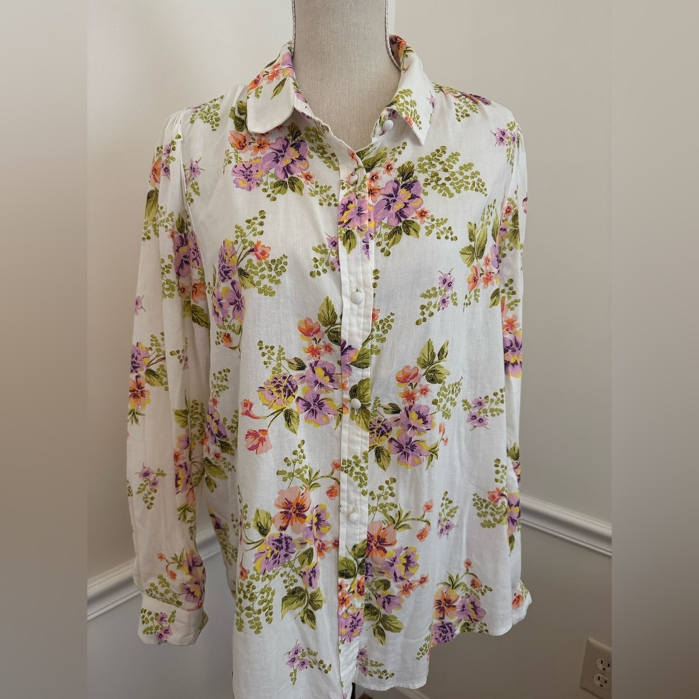 Floral Cotton Boho Button Down Blouse Top Medium